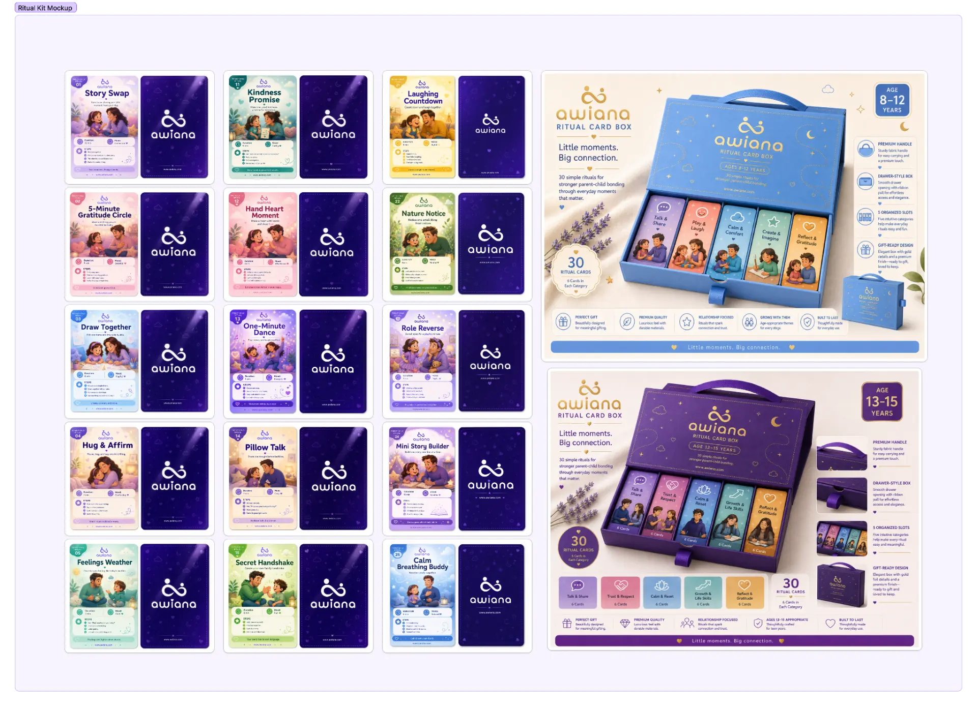 AWIANA ritual card kit mockup — illustrated ritual cards and the age-tiered ritual card boxes for ages 8–12 and 13–15.