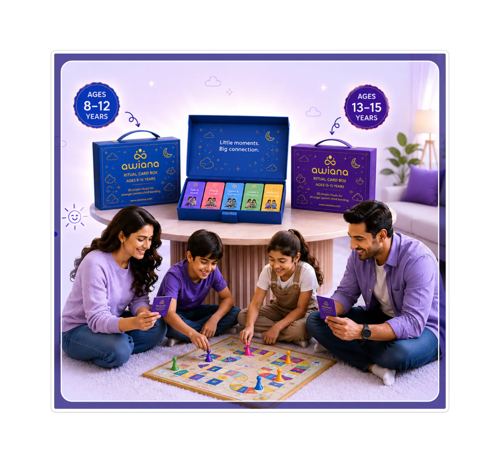 AWIANA product concept — age-tiered ritual card boxes with a family playing together at home.