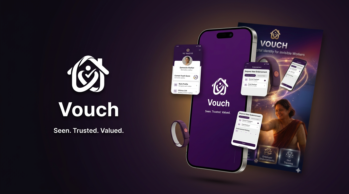 VOUCH showcase — the Vouch logo beside a smartphone showing the app splash screen.