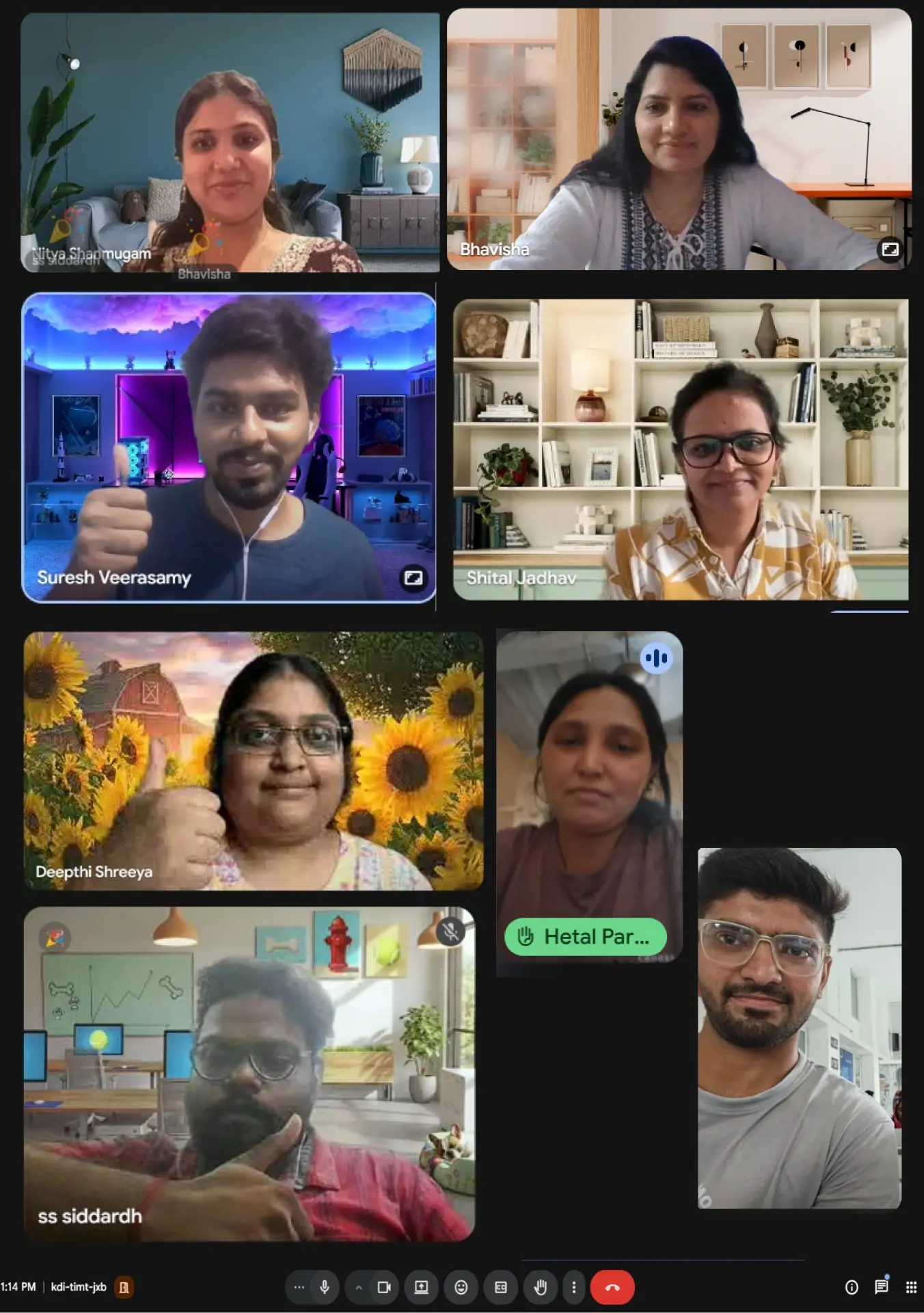 Video call grid of the eight-person Decoded DFC design and research team during a working session.